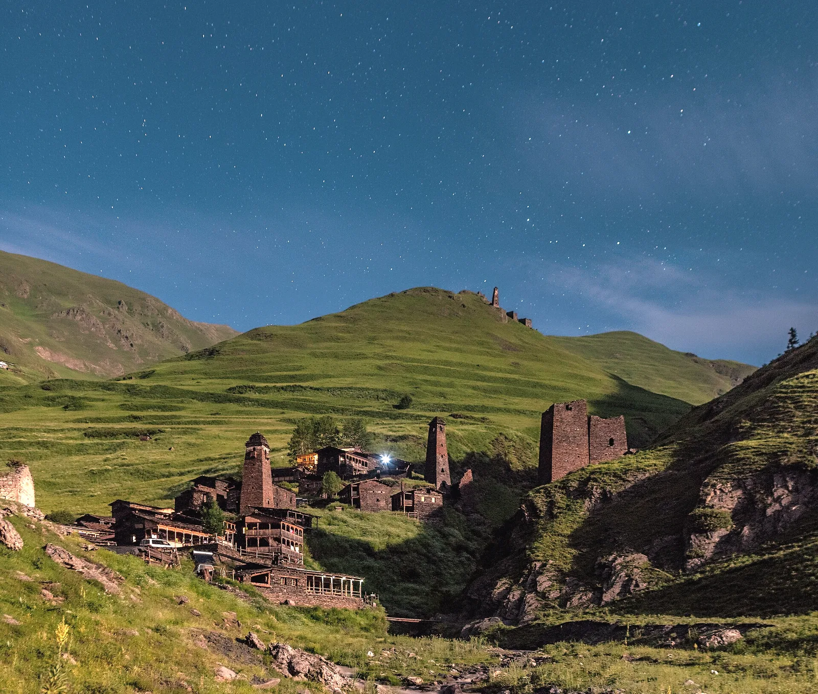 The stone village of Dartlo under stars, Tusheti