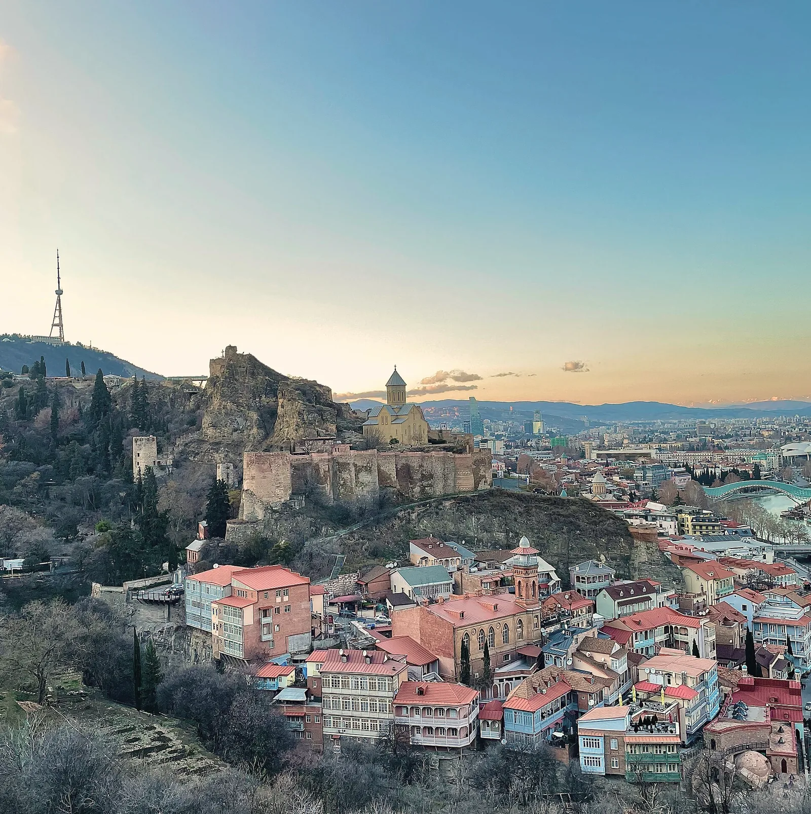 Narikala fortress and the old town of Tbilisi at dusk